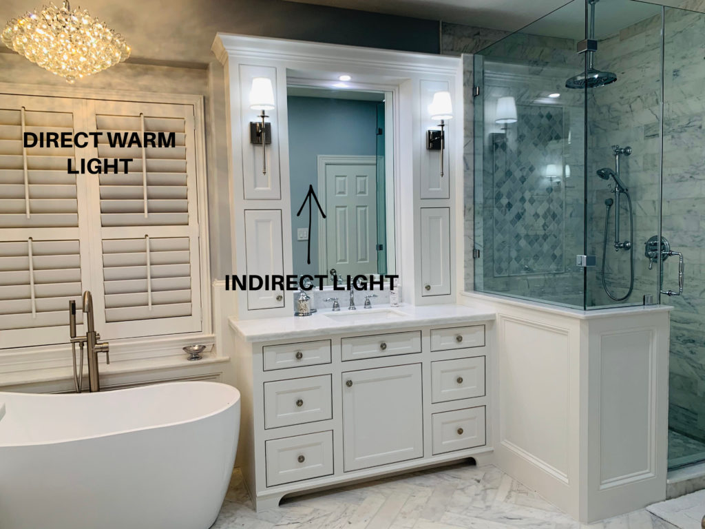 Sherwin Williams North Star, Benjamin Chantilly Lace, marble bathroom, the way interior lighting and bulbs affects paint colours. Kylie M Edesign