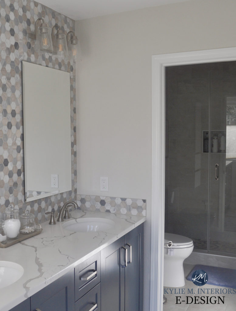 Bathroom, navy blue vanity similar Benjamin Hale Navy, beige, white blue hexagon tile backsplash. Kylie M Interiors Edesign, white quartz countertop, Egret White Sherwin Williams walls (2)