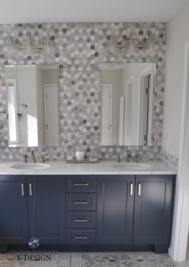 Bathroom, navy blue vanity similar Benjamin Hale Navy, beige, white blue hexagon tile backsplash. Kylie M Interiors Edesign, white quartz countertop, Egret White Sherwin Williams walls (3)
