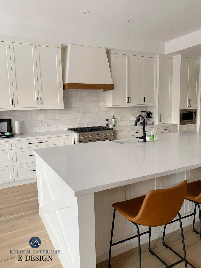 Benjamin Moore White Dove cabinets and walls with lacquer on cabinets. Calacatta Botanica white quartz countertop, zellige tile backsplash, black hardware. Kylie M Interiors Edesign