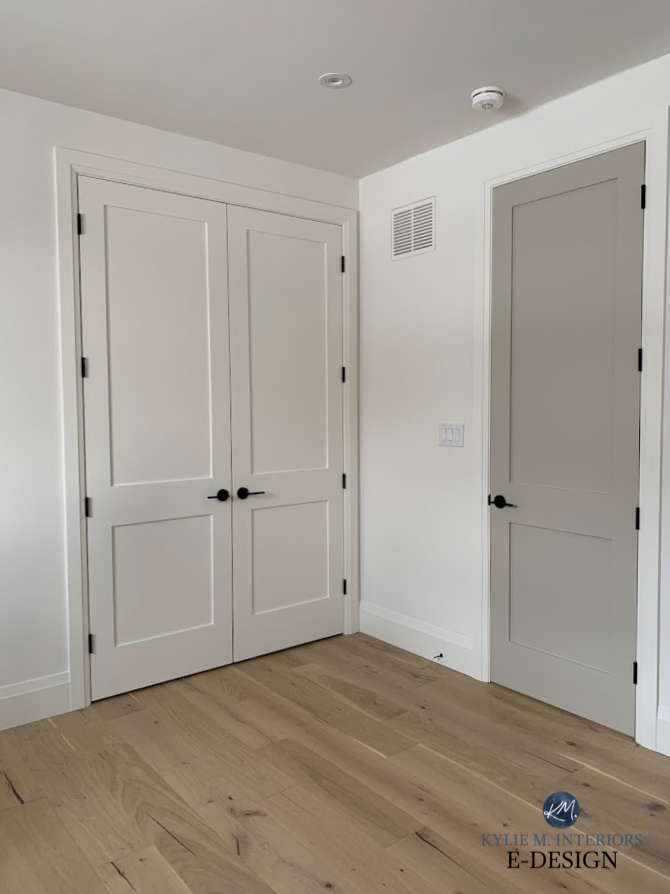 Interior doors painted grey, Benjamin Moore Revere Pewter and White Dove, white oak flooring, black hardware. Kylie M Interiors Edesign