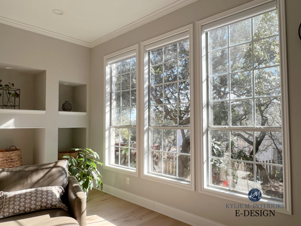 Sherwin Williams Crushed Ice with southwest exposure in windows. Pure White trim, Kylie M Interiors Edesign