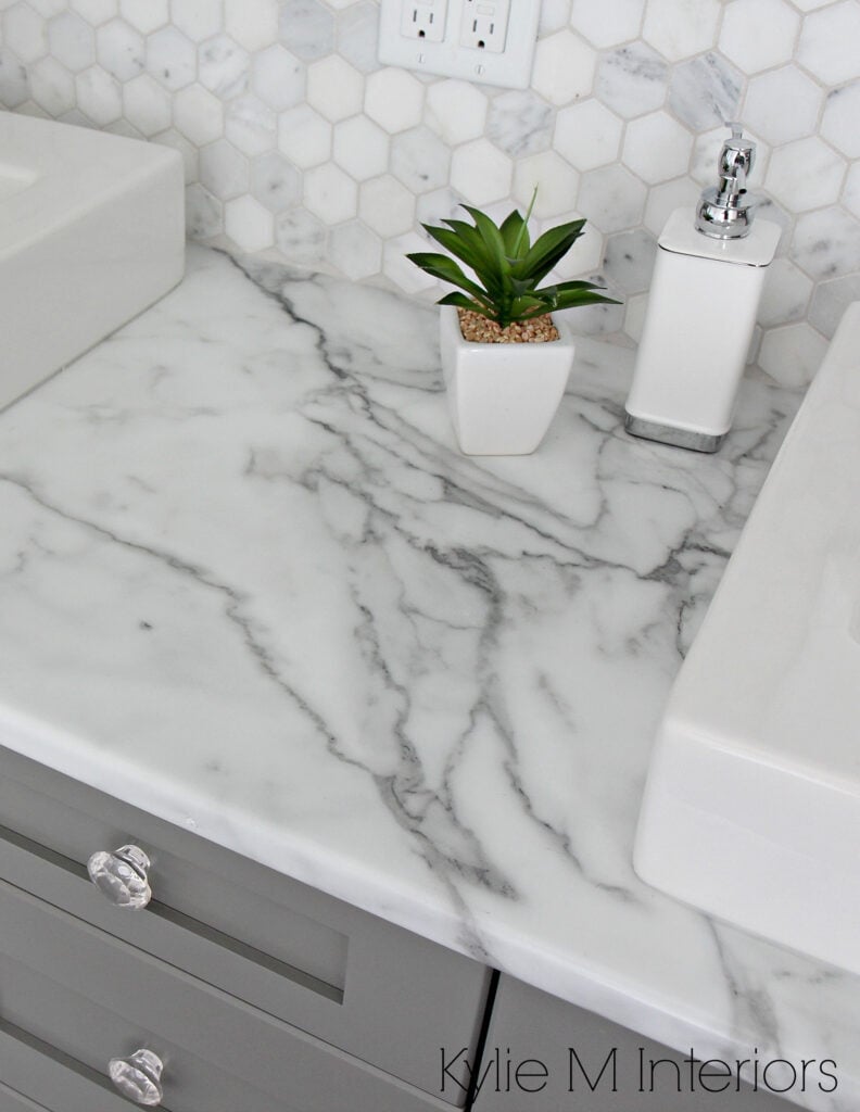 Calacatta marble countertop by Formica laminate 180FX. Hexagon marble backsplash, Chelsea Gray vanity by Kylie M Interiors