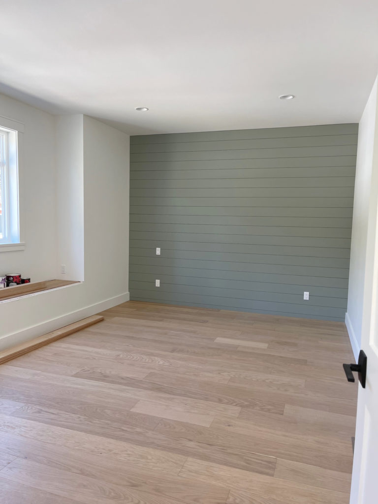 Sherwin Williams best green paint colour, Evergreen Fog, shiplap, white oak, Pure White walls and trim. Kylie M