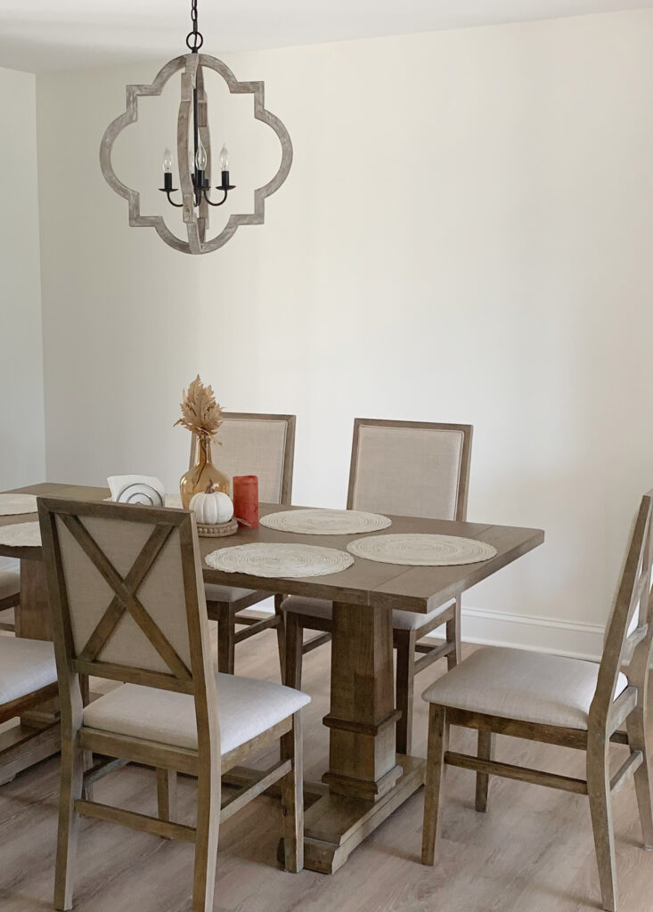 Benjamin Moore Cloud White, best warm white paint colour, modern farmhouse dining room table, home decor. Kylie M paint blogger