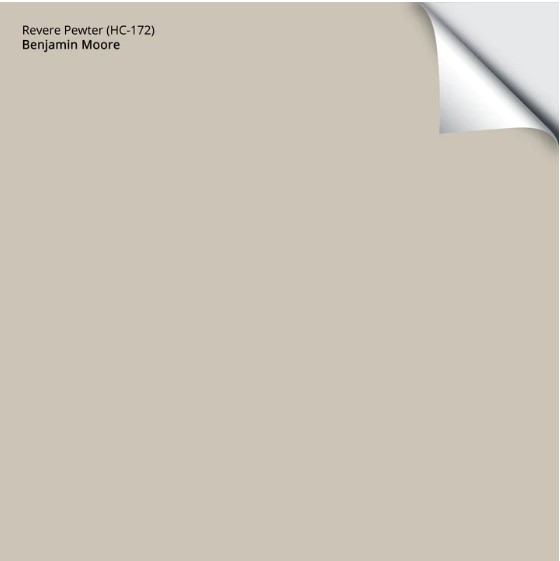 Benjamin Moore Revere Pewter, for cabinet, warm gray. Peel and stick sample. Kylie m