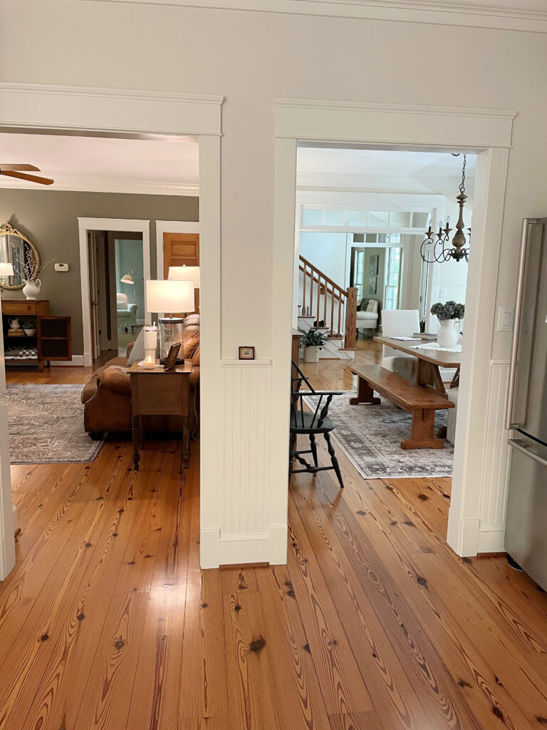 Pine wood floor and wood trim, Benjamin Moore Copley Gray greige with Navajo White and Cloud White. Kylie M. Modern farmhouse style