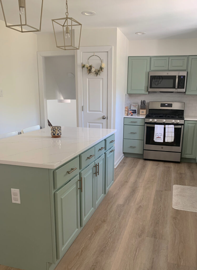Sherwin Williams Cascade Green painted wood cabinets, Cloud White walls. Kylie M paint color blog, best cabinet colours