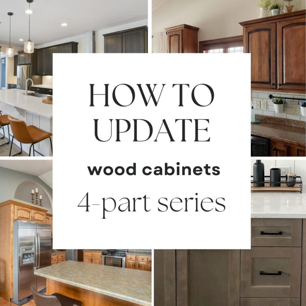 ideas for how to update wood or oak cabinets in kitchen or bathroom, paint color, hardware, backsplash, countertop and more. Kylie M Edesign