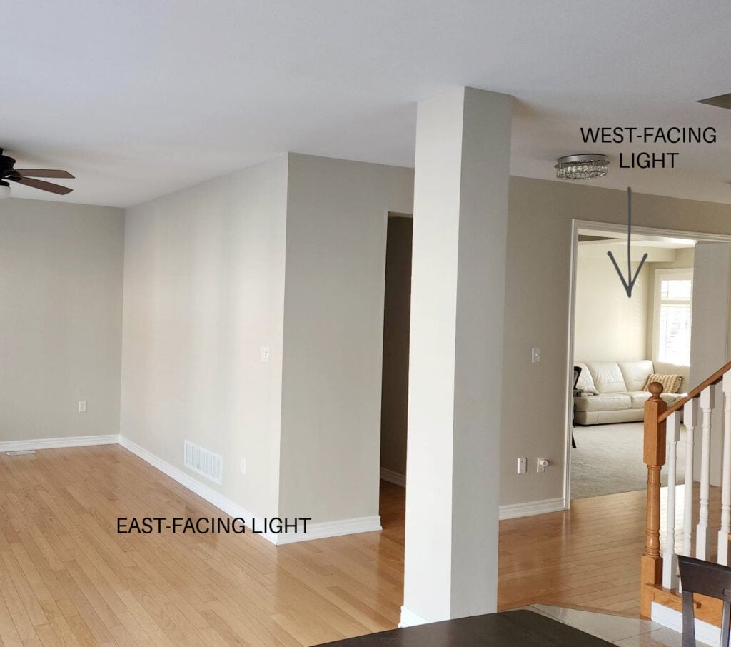 Eastern exposure and western exposure rooms with Benjamin Moore Natural Cream. Oak flooring, beige carpet. Natural light afffects paint colors. Kylie M.