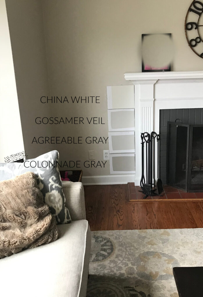 Sherwin Williams Agreeable Gray, best greige taupe with Gossamer Veil, China White, samples. Kylie m