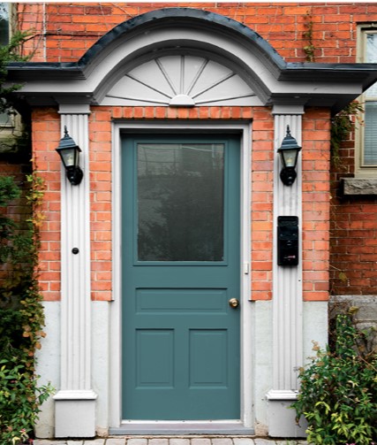 EXTERIOR WITH ORANGE BRIC, WHITE TRIM, TEAL OR BLUE GREEN FRONT DOOR, VINING IVY, PPG.