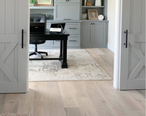 gray or white wash wood flooring trendy, out of style or still popular. Gray built ins home office. (1)