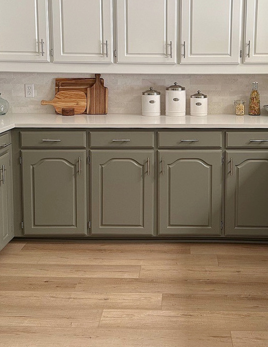 Lower wood cabinets painted Benjamin Moore Antique Pewter, green, Frosty Carrina White quartz countertop, Kylie M Edesign