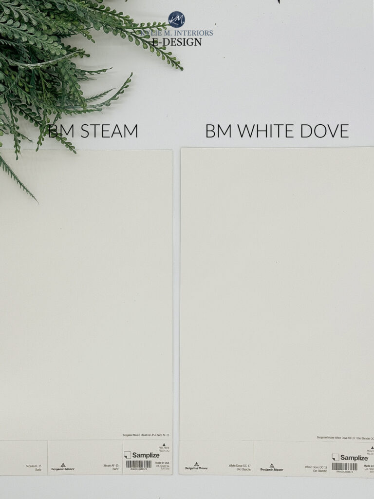 Benjamin moore White Dove vs Steam, best warm white paint colors for walls, cabinets, trims