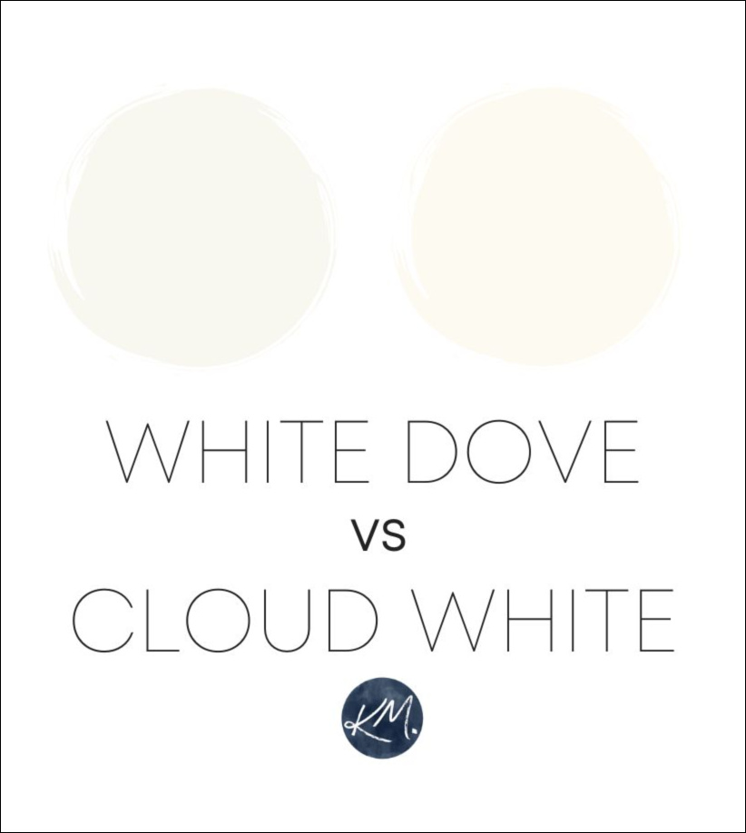 DIFFERENCE BETWEEN BENJAMIN MOORE CLOUD WHITE VS WHITE DOVE, UNDERTONES. KYLIE M INTERIORS EDESIGN COLOR EXPERT, BEST WHITE PAINT COLORS