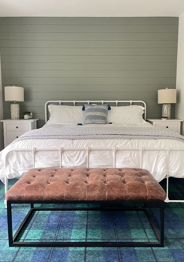 Kylie M Interior Color Expert, green paint color, Sherwin Williams Evergreen Fog, feature accent wall in shiplap with White Dove. beachy theme.
