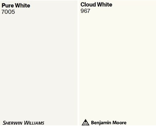Benjamin Moore Cloud White vs Pure White, differences and similarities. Kylie M Interiors using Samplize peel and stick