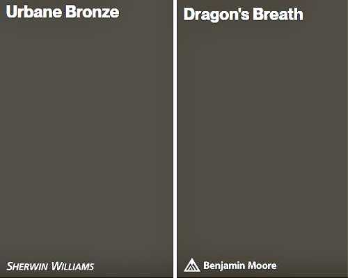 Benjamin Moore Dragons Breath vs Sherwin URbane Bronze, best greige paint colors, shade comparison with Kylie M online paint color consulting and SAmplize peel and stick