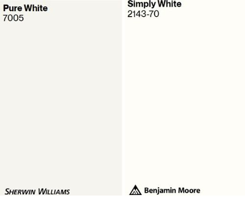 Benjamin Moore Simply White compared to Pure White. Kylie M online paint consulting with peel and stick by Samplize