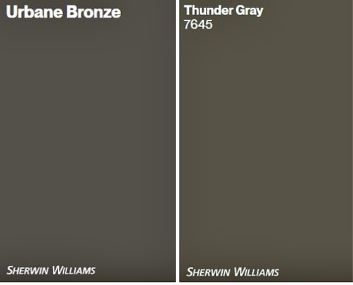 Comparing differences between Sherwin Williams Thunder Gray and URbane Bronze. Kylie M Edesign, Samplize peel and stick, best greige paint colors