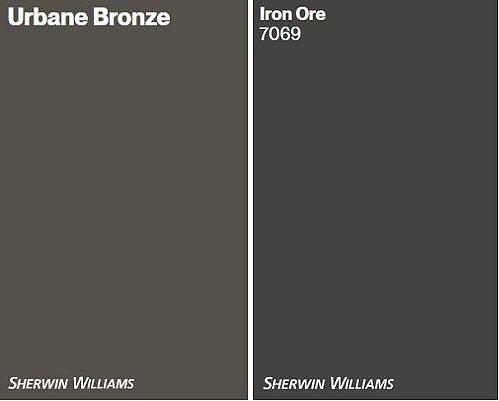 Comparing differences between Sherwin Williams Urbane Bronze and Iron Ore, Samplize peel and stick and Kylie M Online paint color consulting