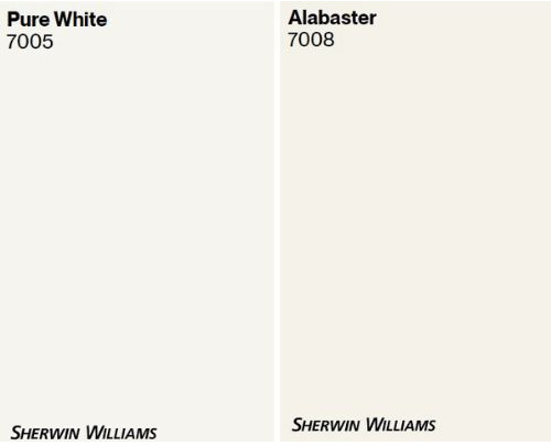 Sherwin Williams Alabaster vs Pure White, best warm shades of white paint colors with Kylie M color expert and peel and stick by samplize