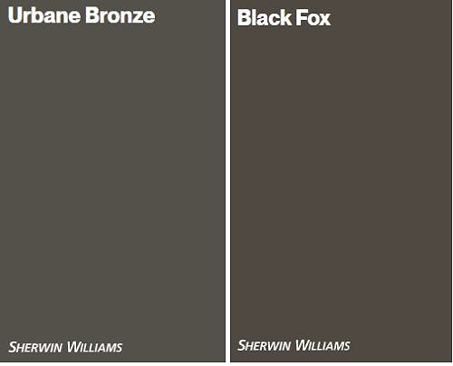 Sherwin Williams Black Fox vs Urbane Bronze, comparing undertones. Kylie M Online paint color consulting, Edesign. Samplize Peel and Stick paint samples. Best greige paint colors