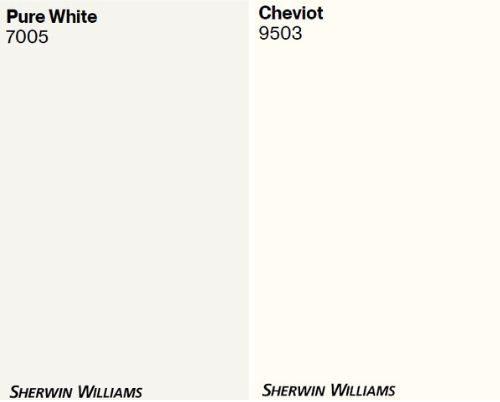 Sherwin Williams Cheviot compared to Pure White, top warm white paint colors, Kylie M using Samplize peel and stick