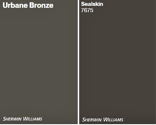 Sherwin Williams Sealskin compared to Urbane Bronze, differences by Kylie M Interiors, online paint color consulting, Samplize peel and stick
