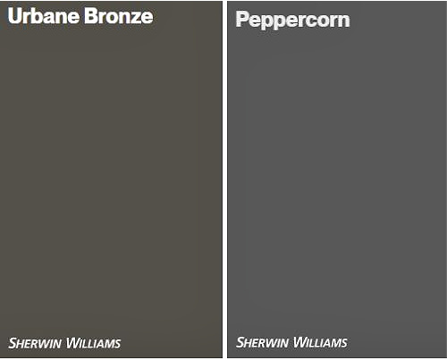 Sherwin Williams Urbane Bronze greige vs gray Peppercorn. Differences and similarities. Kylie M Interiors Online paint color consulting & samplize peel and stick