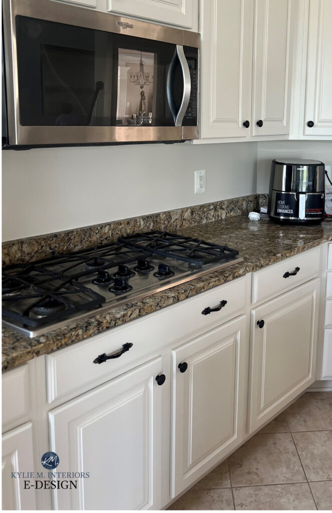 Granite countertop similar to Giallo Ornamental, Santa Cecelia, beige tile floor, off-white painted beige cabinets. Kylie M ONine paint color consulting