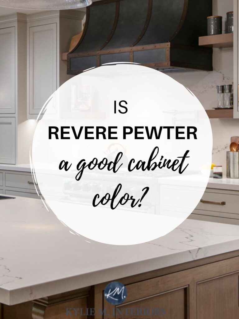 Revere Pewter warm gray greige light or off white painted kitchen cabinets with Kylie M Interiors, Color expert online