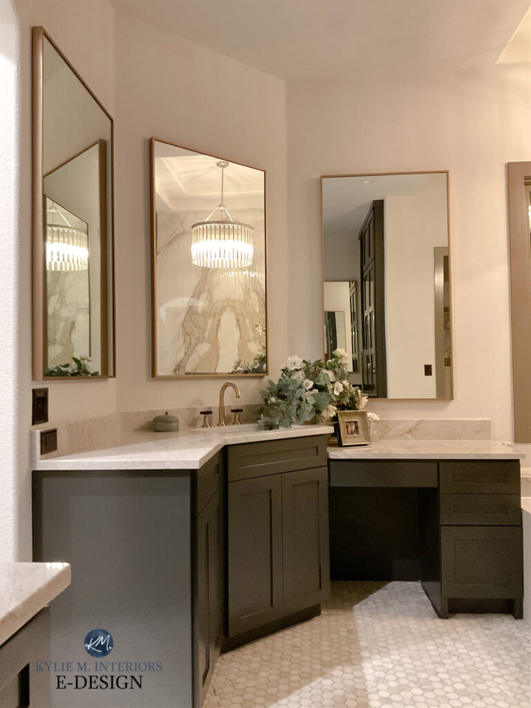 Sherwin Williams URbane Bronze painted bathroom vanity, corner sink, gold accents, Aesthetic White paint color on walls. Kylie M Edesign, online paint colors