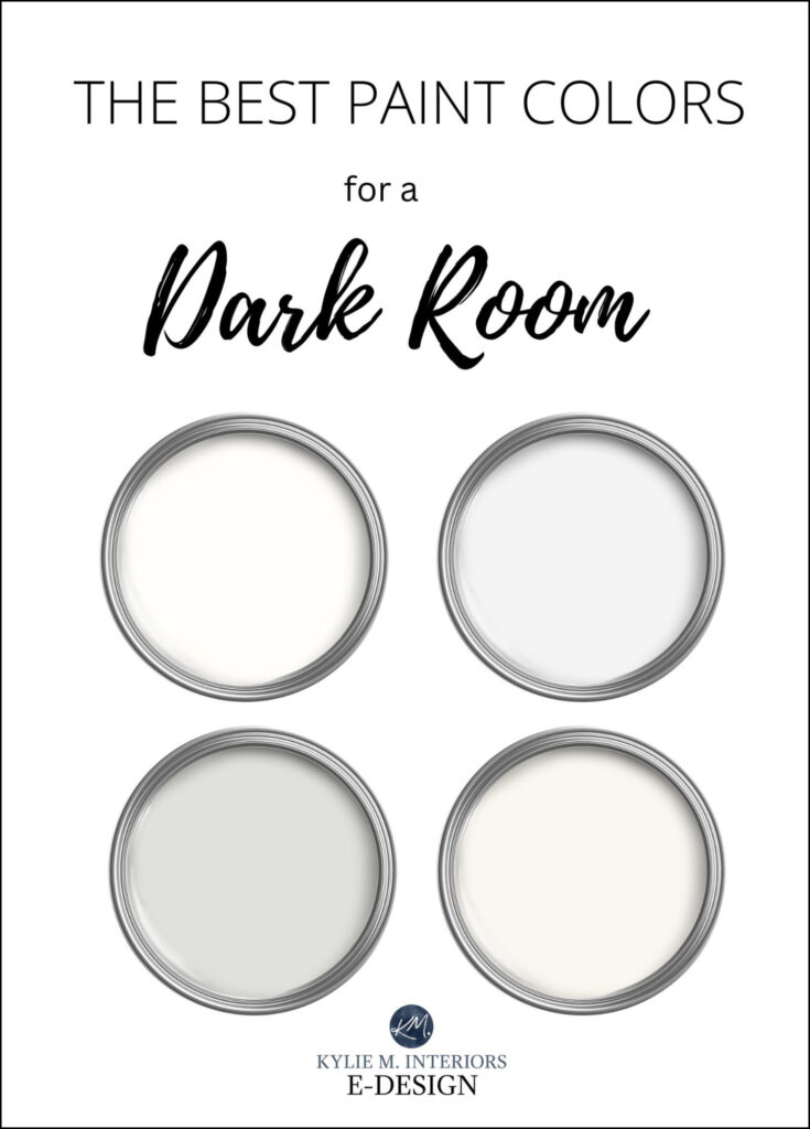 the best white off-white and light paint colors for a dark room, basement, low light. Kylie M Interiors, online consulting expert