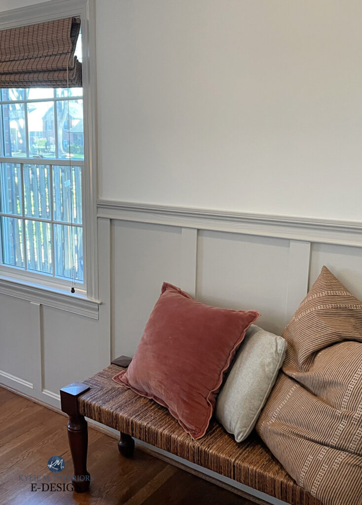Benjamin Moore Chantilly Lace walls, Sherwin Williams Agreeable Gray greige taupe painted board and batten on lower walls and gray greige trim. KYlie M Online paint color consultant