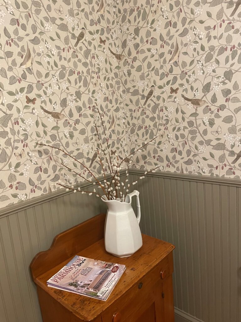 Benjamin Moore Copley Gray painted beadboard and bird and floral wallpaper. Country farmhouse style
