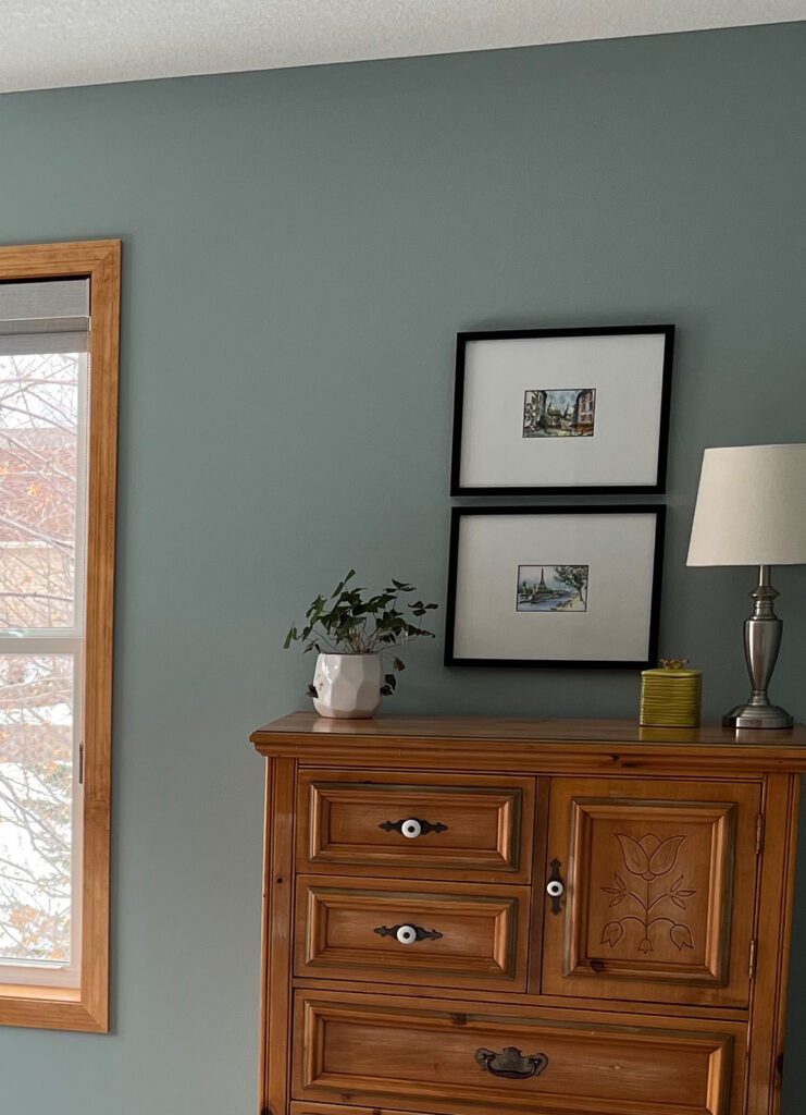 Benjamin Moore Mount Saint Anne, orange stain wood trim, best blue green gray blend paint color. Blog Kylie M Interiors Online paint consulting and diy updates