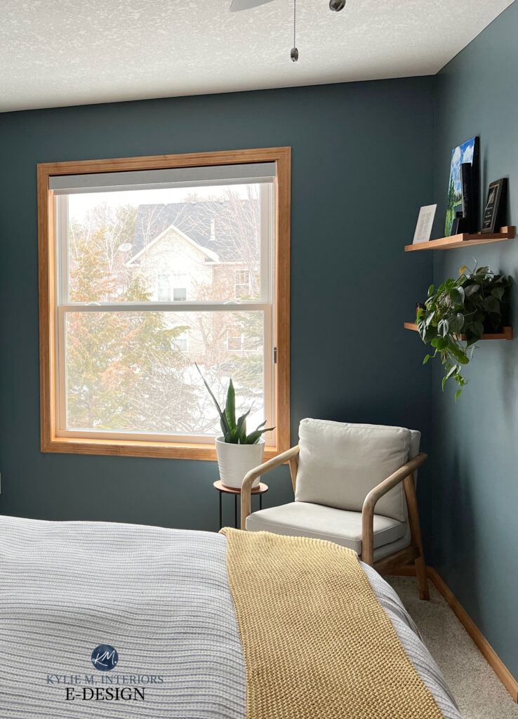 Benjamin Moore Providence Blue, Charcoal Slate in bedroom with beige tan carpet, wood trim and decor. Kylie M Interiors best blue green paint colors and update