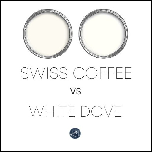 Benjamin Moore Swiss Coffee vs white Dove, two popular soft warm white paint colors. Kylie M Interiors