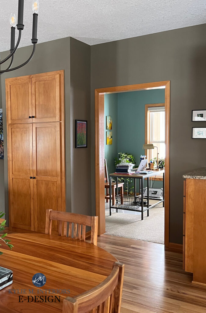 Benjamin Moore Texas Leather and Knoxville Gray, wood trim orange stained wood cabinets and floor.