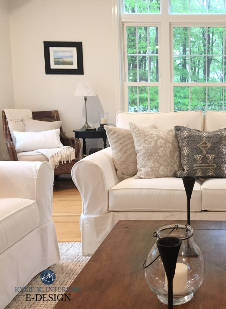 Benjamin Moore White Dove, best warm white paint color, slipcovered sofa, wood floor, white trim. Kylie M Interiors