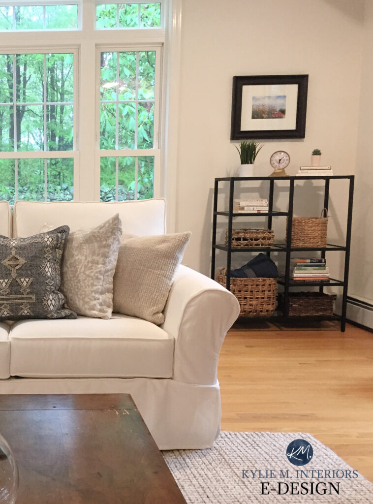 Best warm white paint color, Benjamin Moore Whtie Dove, white trim, slipcovered sofa, area rug, wood floor, home decor. Kylie M Interiors paint color expert