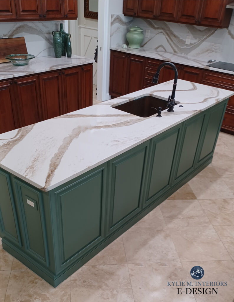 Cambria Brittanica Gold soft white quartz countertop, green island cabinets painted Sherwin Williams Basil, travertine tile update in kitchen. Kylie M Edesign client photo