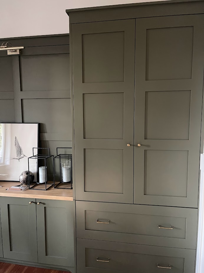 Dark green painted cabinets in office similar to Sherwin Williams Thunder Gray (1)