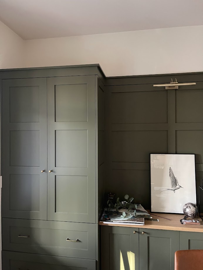 Dark green painted cabinets in office similar to Benjamin Moore DArk Olive