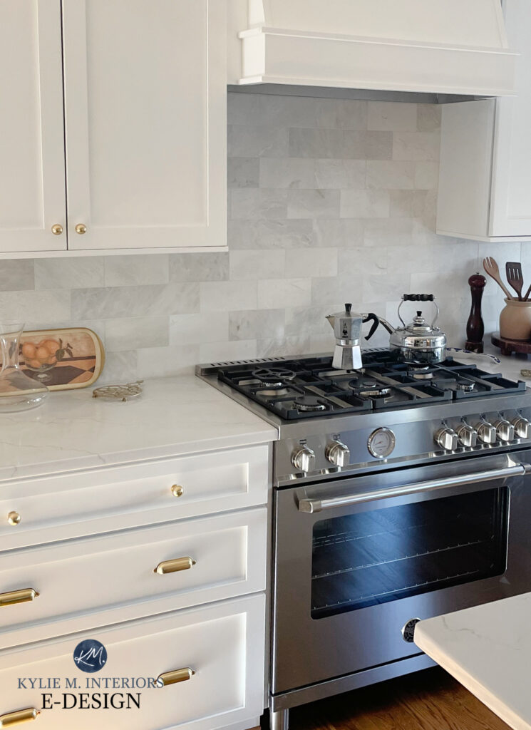MSI Calacatta Miraggio Duo, marble subway backsplash tile, Benjamin Moore chantilly Lace cabinets, stainless steel appliances. Kylie M Interiors design consult, finishes, Truley home design