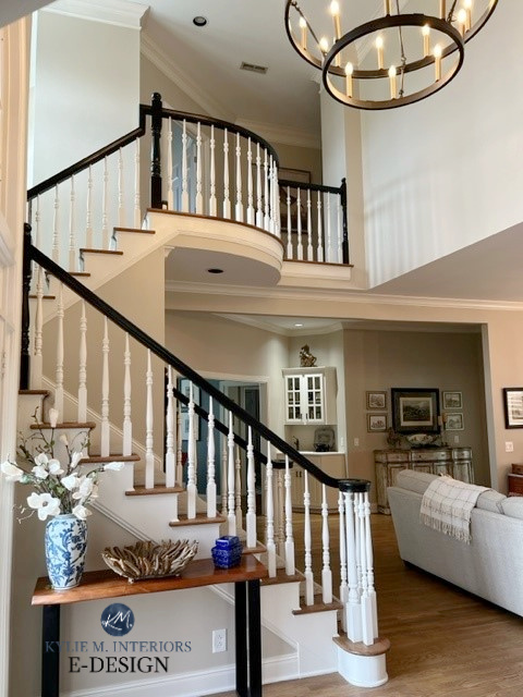 Sherwin Williams Accessible Beige, starciase, white spindles, black railing, wood floor. Alabaster trim. Kylie M Interiors Online Paint color consulting