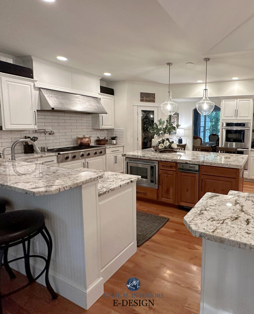 Sherwin Williams Creamy and Alabaster, painted kitchen wood cabinets, wood floor, wood island, granite countertops, cream subway tile. Kylie M Online paint color consultant, update ideas