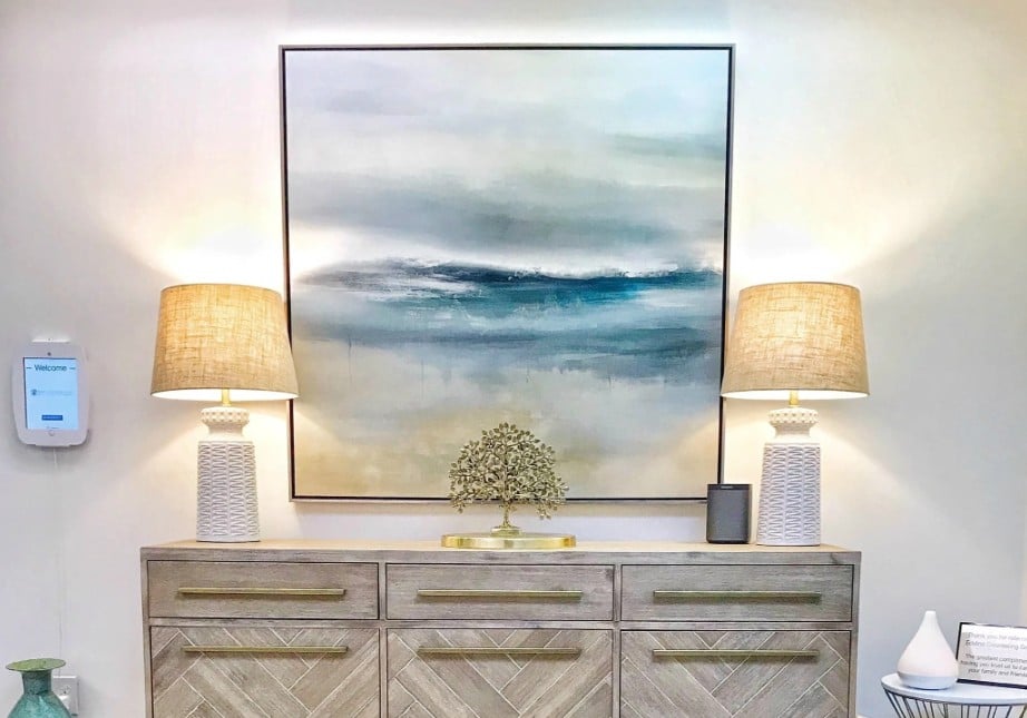 Sherwin Williams Alabaster, warm creamy paint color for client's waiting room in counselling office